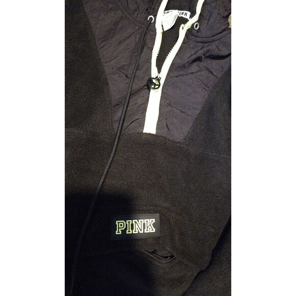 NWT Victoria's Secret Pink Quarter Zip Fleece Black Lime Pullover - Picture 4 of 4